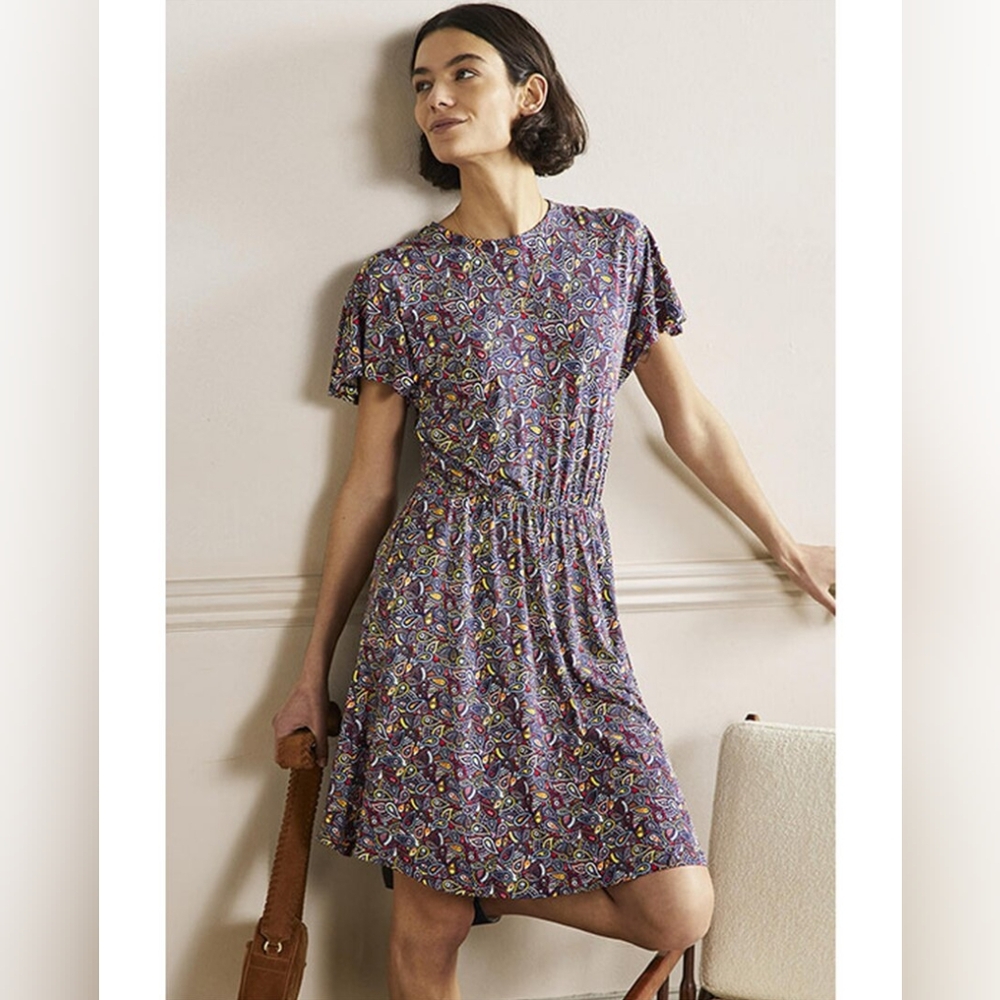 Boden Flutter Sleeve Jersey Dress,Pockets, Navy/ Print, US 20/22L, XL,  NWT